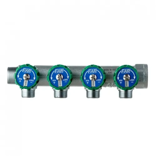 Коллектор FAR 3824 3412TP распределительный 3/4" (ВР-НР) с 4 отводами 1/2" НР, плоское уплотнение (ФАР)