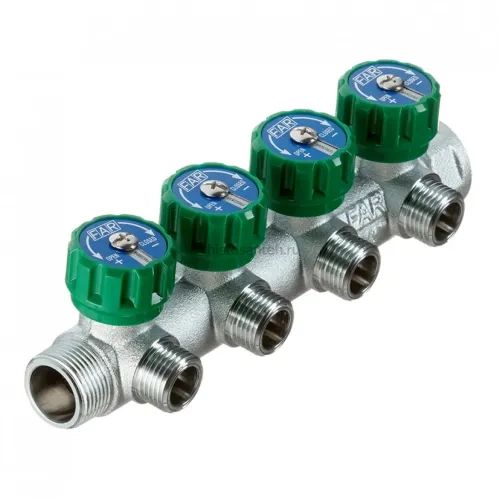 Коллектор FAR 3824 3412TP распределительный 3/4" (ВР-НР) с 4 отводами 1/2" НР, плоское уплотнение (ФАР)