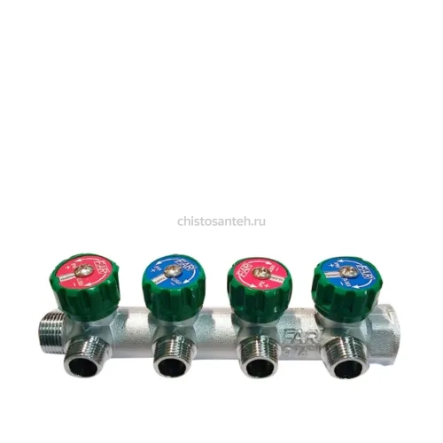 Коллектор FAR 3824 3412TP распределительный 3/4" (ВР-НР) с 4 отводами 1/2" НР, плоское уплотнение (ФАР)