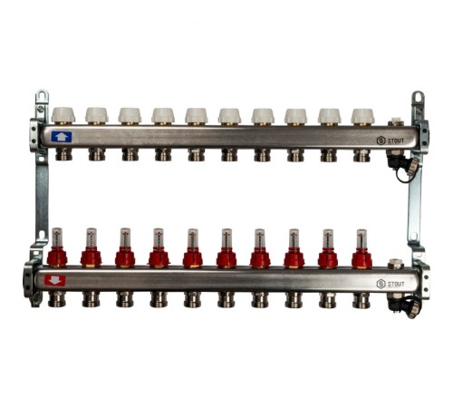 Коллекторная группа с запорными кранами из нержавеющей стали с расходомерами на 10 выходов STOUT