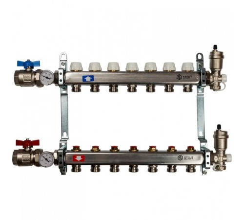 Коллекторная группа в сборе из нержавеющей стали без расходомеров на 7 выходов STOUT