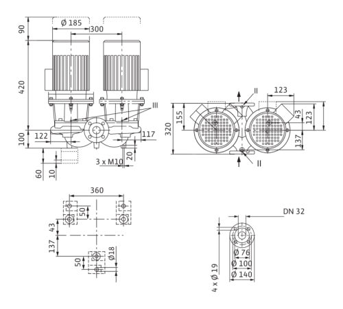 Циркуляционный насос с сухим ротором в исполнении Inline с фланцевым соединением Wilo CronoTwin-DL 32/170-0,55/4 2063734
