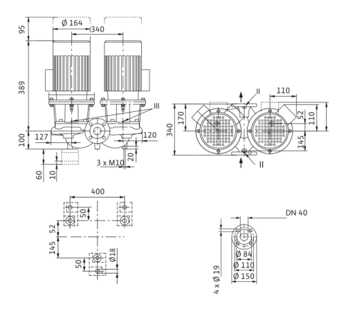 Циркуляционный насос с сухим ротором в исполнении Inline с фланцевым соединением Wilo CronoTwin-DL 40/140-0,25/4 2089239