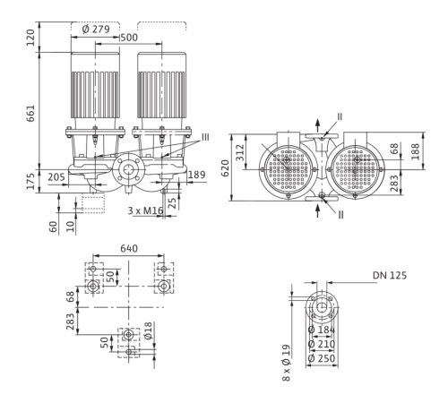 Циркуляционный насос с сухим ротором в исполнении Inline с фланцевым соединением Wilo CronoTwin-DL 125/220-5,5/4 2120982,2089331