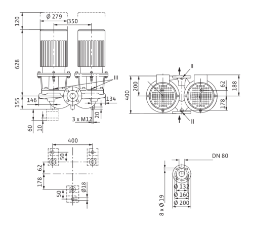 Циркуляционный насос с сухим ротором в исполнении Inline с фланцевым соединением Wilo CronoTwin-DL 80/140-7,5/2 2121052,2089300