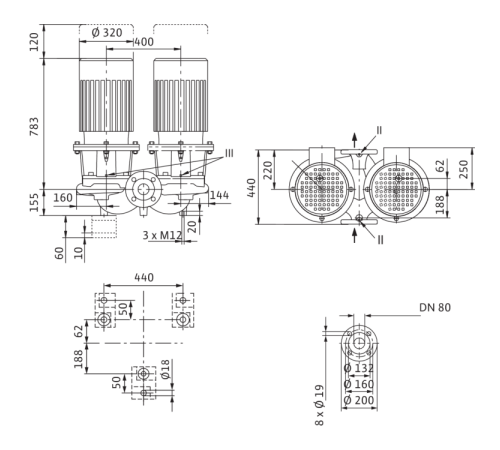 Циркуляционный насос с сухим ротором в исполнении Inline с фланцевым соединением Wilo CronoTwin-DL 80/170-15/2 2121056,2089293