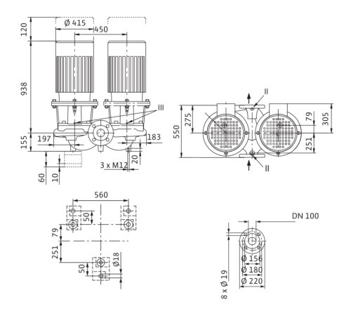 Циркуляционный насос с сухим ротором в исполнении Inline с фланцевым соединением Wilo CronoTwin-DL 100/190-30/2 2121068,2089309