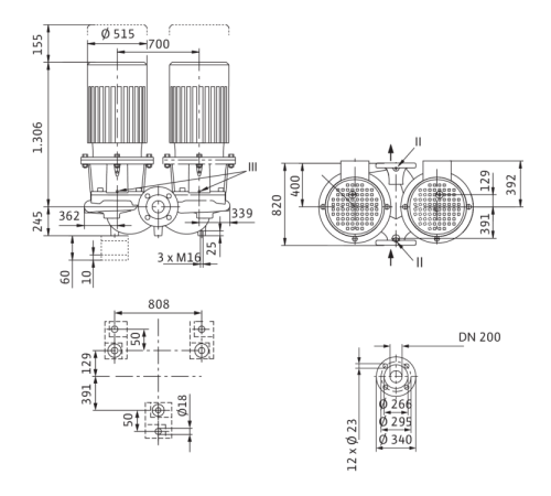 Циркуляционный насос с сухим ротором в исполнении Inline с фланцевым соединением Wilo CronoTwin-DL 200/345-55/4 2142061,2132782
