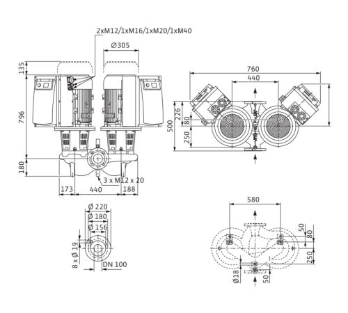 Циркуляционный насос с сухим ротором в исполнении Inline с фланцевым соединением Wilo CronoTwin-DL-E 100/145-11/2 2153817,2114668