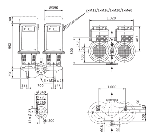 Циркуляционный насос с сухим ротором в исполнении Inline с фланцевым соединением Wilo CronoTwin-DL-E 200/260-22/4 2153828,2144417