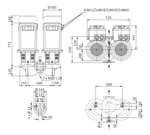 Циркуляционный насос с сухим ротором в исполнении Inline с фланцевым соединением Wilo CronoTwin-DL-E 50/220-15/2-R1 2153877,2114682