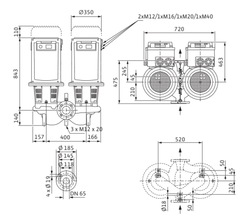 Циркуляционный насос с сухим ротором в исполнении Inline с фланцевым соединением Wilo CronoTwin-DL-E 65/220-22/2-R1 2153881,2114686