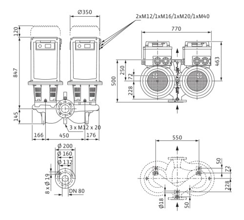 Циркуляционный насос с сухим ротором в исполнении Inline с фланцевым соединением Wilo CronoTwin-DL-E 80/190-18,5/2-R1 2153884,2114689