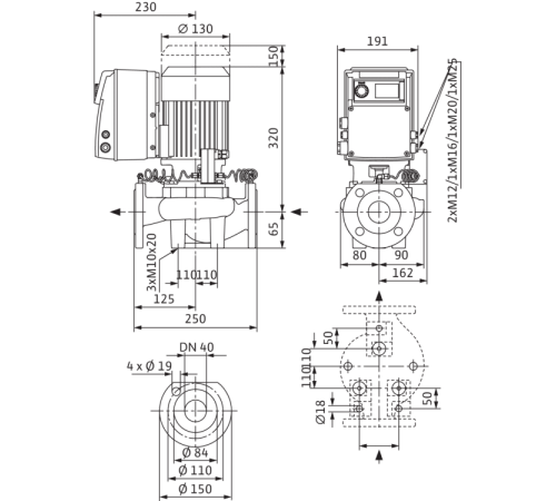 Циркуляционный насос с сухим ротором в исполнении Inline с фланцевым соединением Wilo VeroLine-IP-E 40/115-0,55/2 2158815,2131252