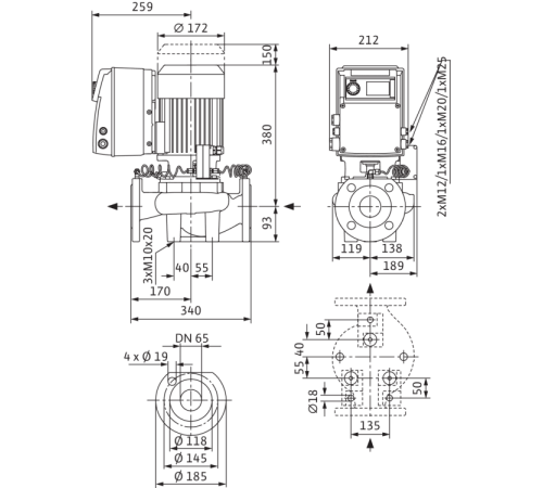 Циркуляционный насос с сухим ротором в исполнении Inline с фланцевым соединением Wilo VeroLine-IP-E 65/110-2,2/2 2158825,2144210