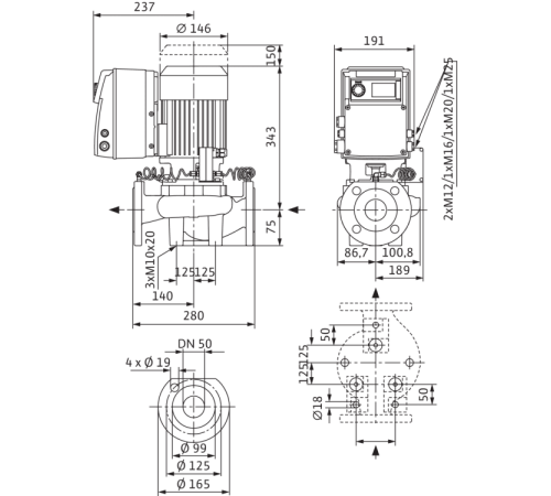 Циркуляционный насос с сухим ротором в исполнении Inline с фланцевым соединением Wilo VeroLine-IP-E 50/105-0,75/2-R1 2158883,2144276