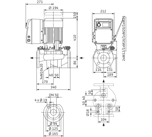 Циркуляционный насос с сухим ротором в исполнении Inline с фланцевым соединением Wilo VeroLine-IP-E 50/140-3/2-R1 2158885,2144274