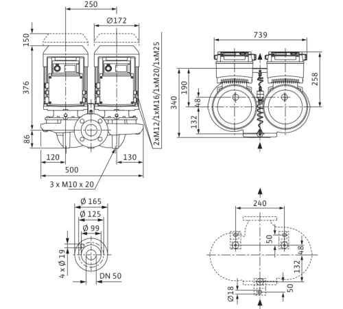 Циркуляционный насос с сухим ротором в исполнении Inline с фланцевым соединением Wilo VeroTwin-DP-E 50/130-2,2/2 2158947,2144396