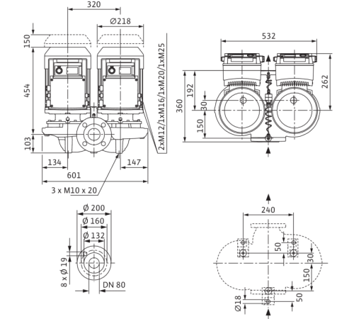 Циркуляционный насос с сухим ротором в исполнении Inline с фланцевым соединением Wilo VeroTwin-DP-E 80/110-4/2 2158956,2153456