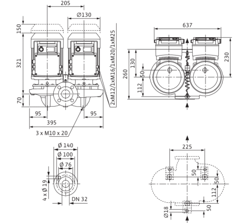 Циркуляционный насос с сухим ротором в исполнении Inline с фланцевым соединением Wilo VeroTwin-DP-E 32/95-0,55/2-R1 2158999,2144401