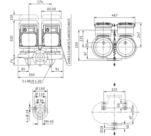 Циркуляционный насос с сухим ротором в исполнении Inline с фланцевым соединением Wilo VeroTwin-DP-E 40/115-0,55/2-R1 2159004,2131262