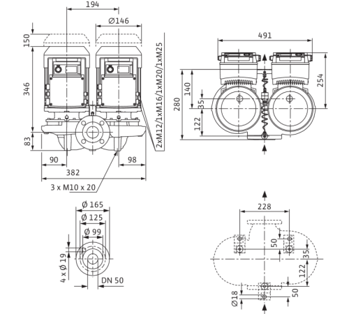 Циркуляционный насос с сухим ротором в исполнении Inline с фланцевым соединением Wilo VeroTwin-DP-E 50/105-0,75/2-R1 2159009,2144408