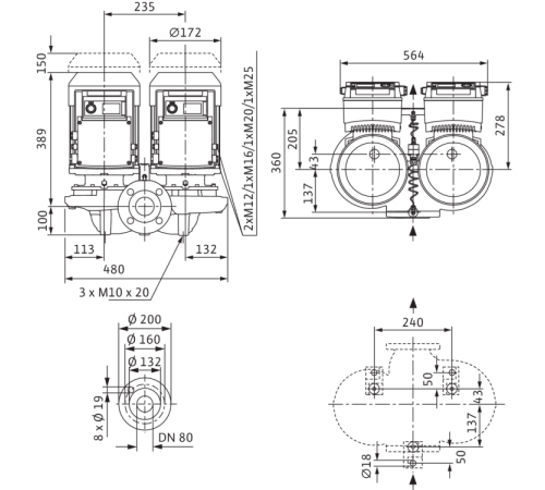 Циркуляционный насос с сухим ротором в исполнении Inline с фланцевым соединением Wilo VeroTwin-DP-E 80/115-2,2/2-R1 2159017,2109828