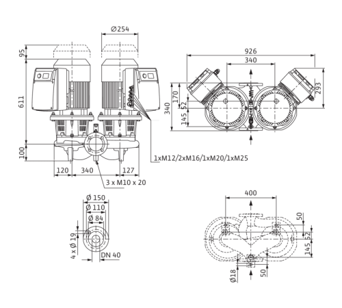 Циркуляционный насос с сухим ротором в исполнении Inline с фланцевым соединением Wilo CronoTwin-DL-E 40/170-5,5/2-R1 2159458,2106644
