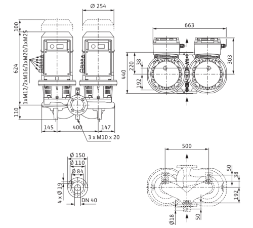 Циркуляционный насос с сухим ротором в исполнении Inline с фланцевым соединением Wilo CronoTwin-DL-E 40/200-7,5/2-R1 2159459,2106719
