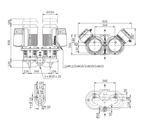 Циркуляционный насос с сухим ротором в исполнении Inline с фланцевым соединением Wilo CronoTwin-DL-E 50/160-5,5/2-R1 2159460,2144418