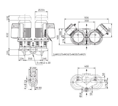 Циркуляционный насос с сухим ротором в исполнении Inline с фланцевым соединением Wilo CronoTwin-DL-E 80/140-7,5/2-R1 2159466,2106647