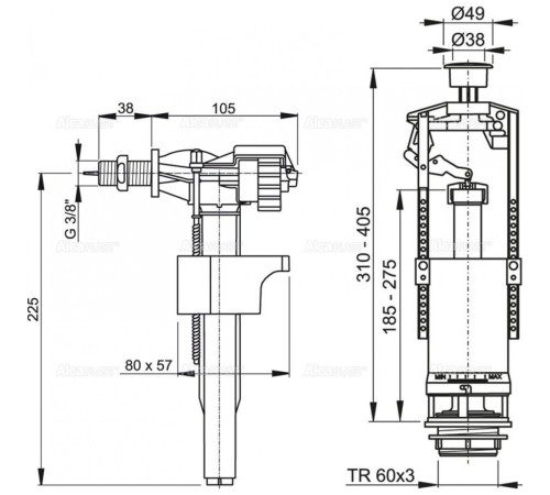 Выпускной комплект со стоп кнопкой А15 3/8", боковой Alcaplast SA2000 Выпускной комплект со стоп кнопкой А15 3/8", боковой Alcaplast SA2000