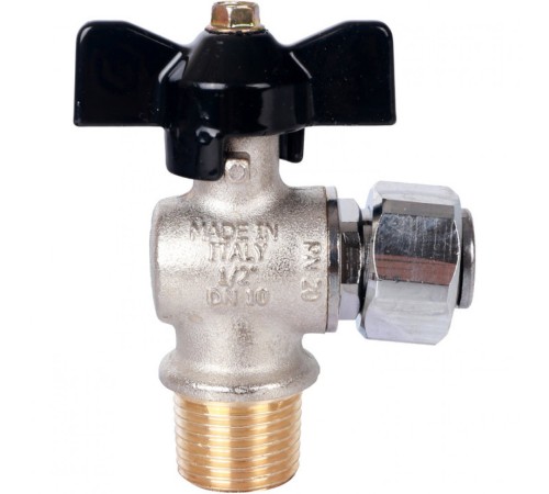 Кран шаровой с накидной гайкой угловой НР 1/2x1/2 с накидной гайкой, ручка бабочка Stout