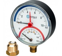 Термоманометр радиальный 80 мм 1/2" с автоматическим запорным клапаном, 10 бар, 120°C STOUT