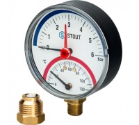 Термоманометр радиальный 80 мм 1/2" с автоматическим запорным клапаном, 6 бар, 120°C STOUT