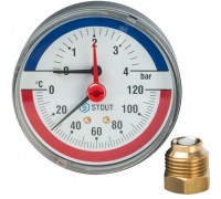 Термоманометр аксиальный 80 мм 1/2" с автоматическим запорным клапаном, 4 бар, 120°C STOUT
