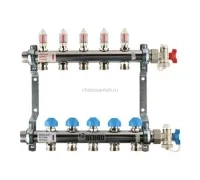 Коллекторная группа REHAU HKV-D на 5 выходов (РЕХАУ - 12080511002)1"x3/4"ЕК из нержавеющей стали с регулирующими и термостатическими вентилями и расходомерами
