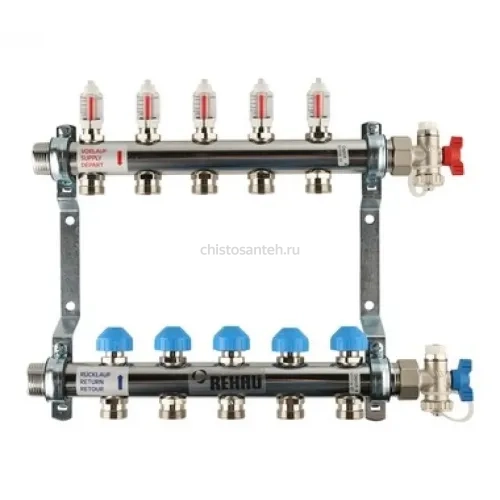Коллекторная группа REHAU HKV-D на 5 выходов (РЕХАУ - 12080511002)1"x3/4"ЕК из нержавеющей стали с регулирующими и термостатическими вентилями и расходомерами