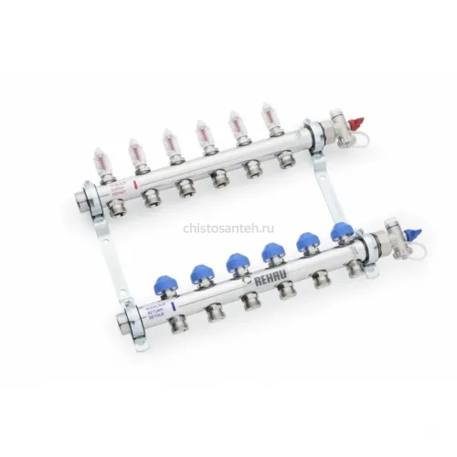 Коллекторная группа REHAU HKV-D на 9 выходов (РЕХАУ - 12080911002)1"x3/4"ЕК из нержавеющей стали с регулирующими и термостатическими вентилями и расходомерами