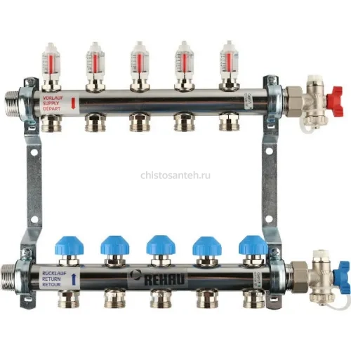 Коллекторная группа REHAU HKV-D на 4 выхода (РЕХАУ - 12080411002)1"x3/4"ЕК из нержавеющей стали с регулирующими и термостатическими вентилями и расходомерами